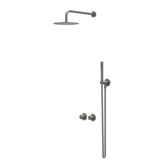 Ivy Bond Regendoucheset - inbouw - symmetry - 2-weg stop-omstel - 40cm wandarm - 25cm medium hoofddouche - houder met uitlaat - 150cm doucheslang - 3-standen handdouche - Geborsteld metal black PVD CS