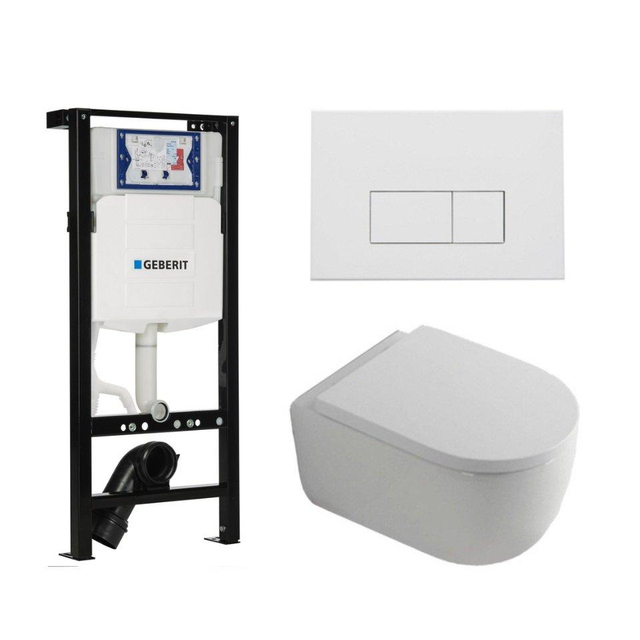 Geberit QeramiQ Dely Swirl Toiletset - 36.3x51.7cm - diepspoel - rimless -  UP320 plieger inbouwreservoir - 35mm zitting - mat witte metalen bedieningsplaat - rechtehoekige knoppen - wit mat SW1381697/