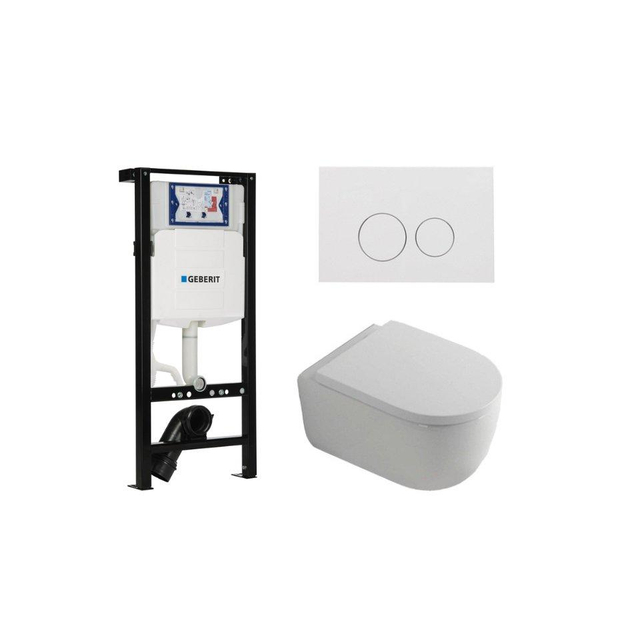Geberit QeramiQ Dely Swirl Toiletset - 36.3x51.7cm -  UP320 plieger inbouwreservoir - 35mm zitting - glans witte bedieningsplaat - ronde knoppen - wit glans SW1381697/SW706186/SW1000767/SW1026256