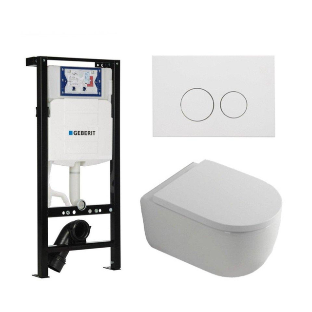 Geberit QeramiQ Dely Swirl Toiletset - 36.3x51.7cm -  UP320 plieger inbouwreservoir - 35mm zitting - mat witte metalen bedieningsplaat - ronde knoppen - wit glans SW1381697/SW706190/SW1000767/SW1026256