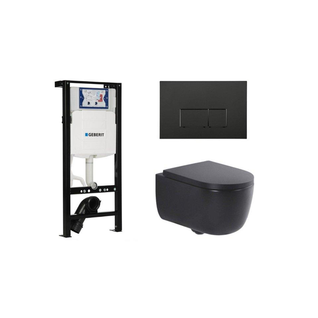Geberit QeramiQ Dely Swirl Toiletset - 36.3x51.7cm -  UP320 plieger inbouwreservoir - 35mm zitting - mat zwarte metalen bedieningsplaat - rechthoekige knoppen - mat zwart SW1381697/SW706193/SW1000769/S