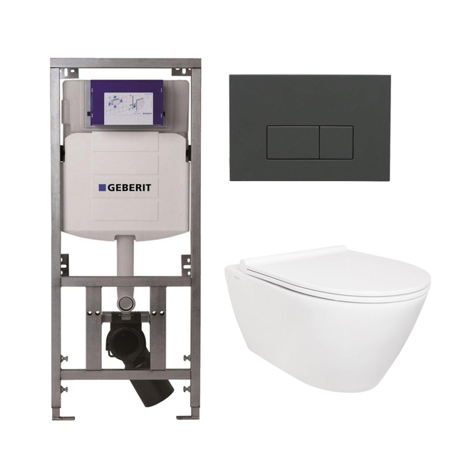 Geberit QeramiQ Salina Toiletset - rimless -  inbouwreservoir - diepspoel wandcloset - softclose - quickrelease - bedieningspaneel met bedieningsplaat antraciet mat - rechthoekige knoppen - glans wit 0