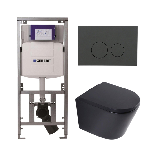 Geberit QeramiQ Dely Toiletset - 36.3x51.7cm - diepspoel - rimless -  UP320 inbouwreservoir - softclose toilet zitting 35 mm - bedieningsplaat mat antraciet - ronde knoppen - mat zwart SW1026253/SW1000