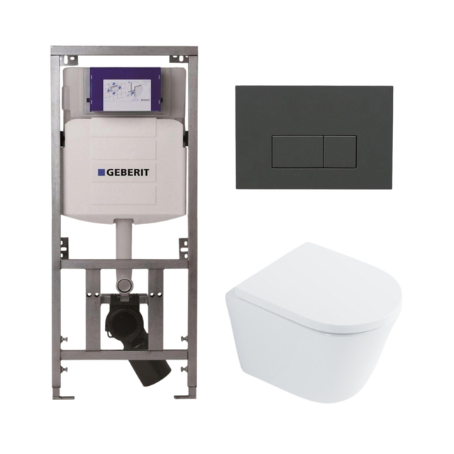 Geberit QeramiQ Dely Toiletset - 36.3x51.7cm - diepspoel - rimless -  UP320 Burda inbouwreservoir - softclose toilet zitting 35 mm - bedieningsplaat antraciet mat - rechthoekige knoppen - wit glans SW1