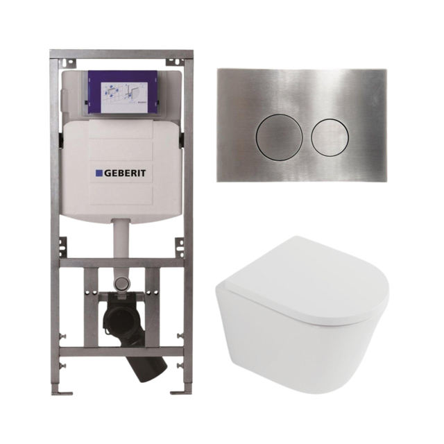Geberit QeramiQ Dely Toiletset - 36.3x51.7cm - diepspoel - rimless -  UP320 inbouwreservoir - softclose toilet zitting 35 mm - steel bedieningsplaat - ronde knoppen - mat wit SW1026254/SW1000767/070113