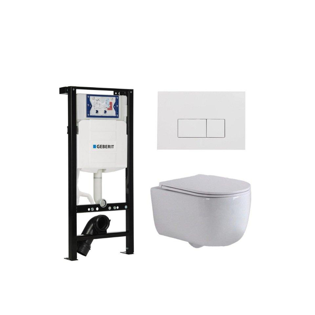 Geberit QeramiQ Dely Swirl Toiletset - 36.3x51.7cm -  UP320 plieger inbouwreservoir - slimzitting - glans witte bedieningsplaat - rechthoekige knoppen - wit glans SW1381697/SW706187/SW1000766/SW1026256