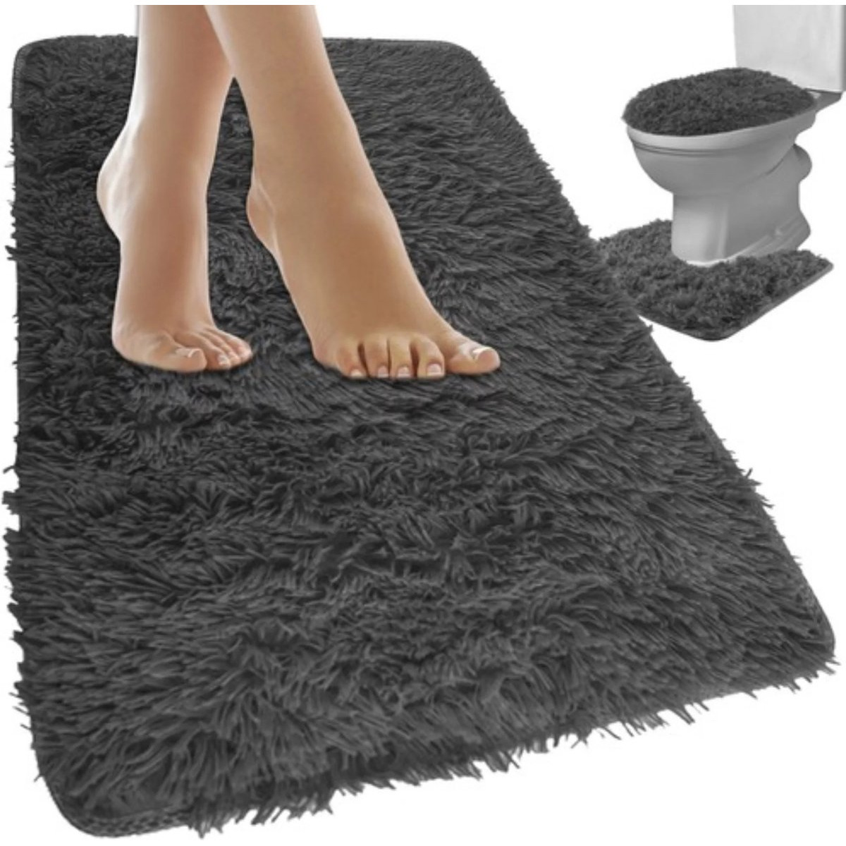 Ruhhy Badmatten set - 3-delig - hoogpolig - grijs - voor toilet en douche -