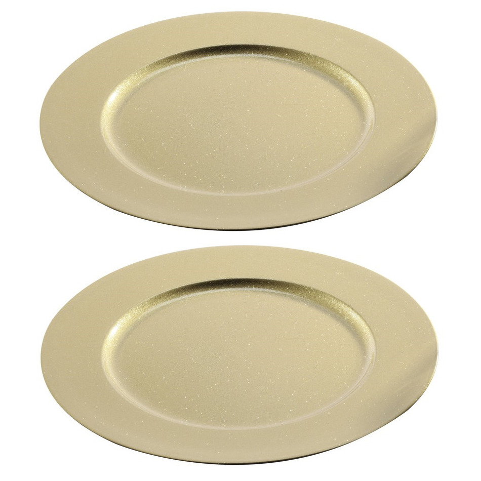 Merkloos 2x Gouden diner onderborden glitter 33 cm rond -