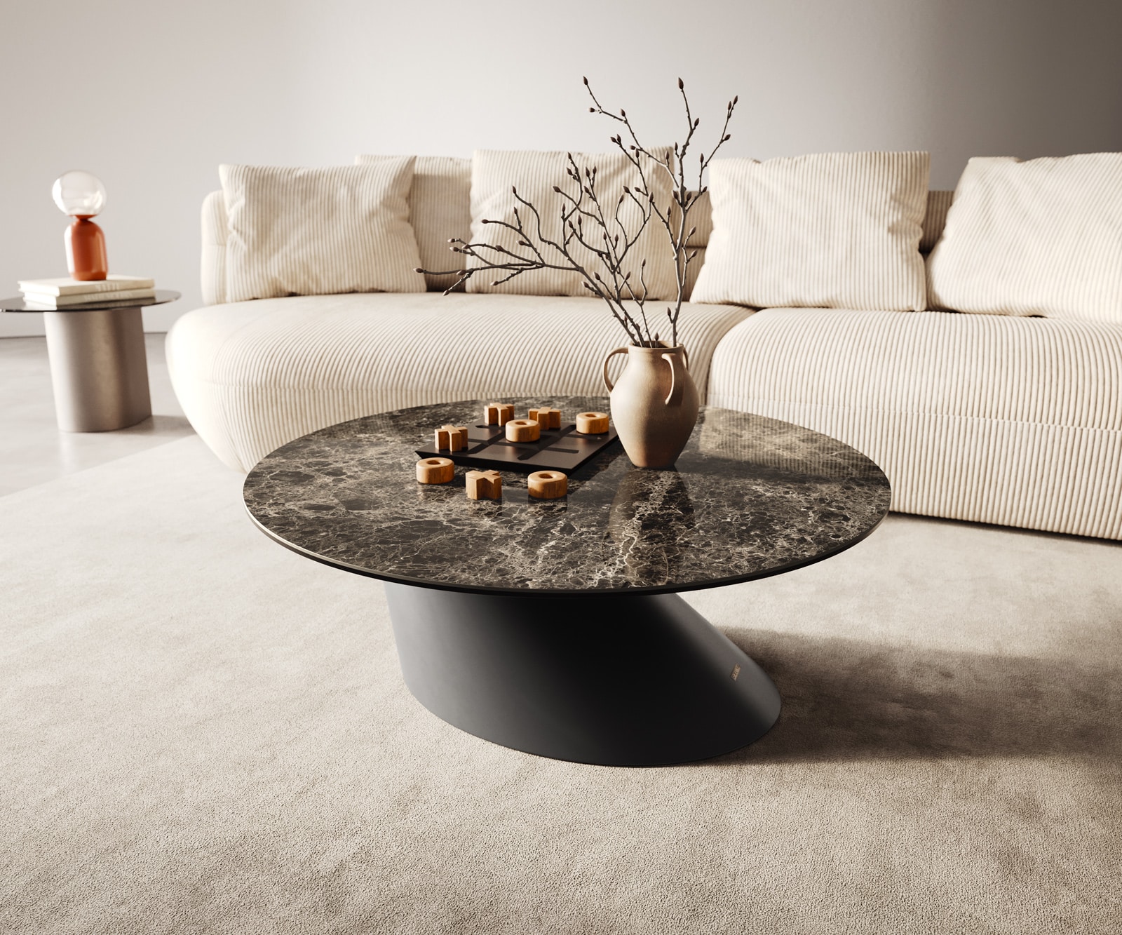 DELIFE Couchtisch Edge Rund 90x90 cm Keramik Laminam Emperador Extra Lucidato Dunkelbraun Conis Metall Schwarz