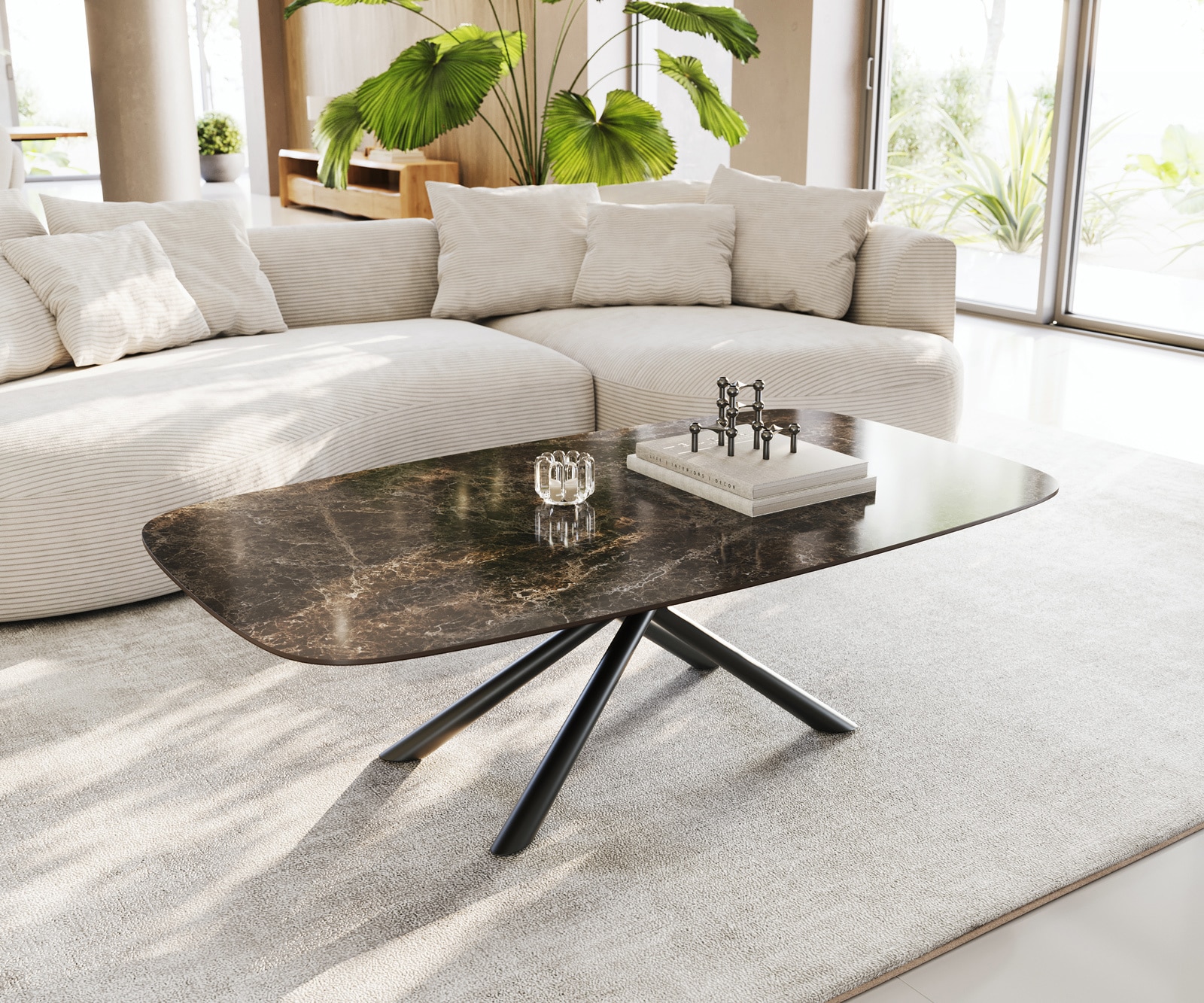 DELIFE Couchtisch Edge Boot 140x80 cm Keramik Laminam Emperador Extra Lucidato Dunkelbraun Sarity Metall Schwarz