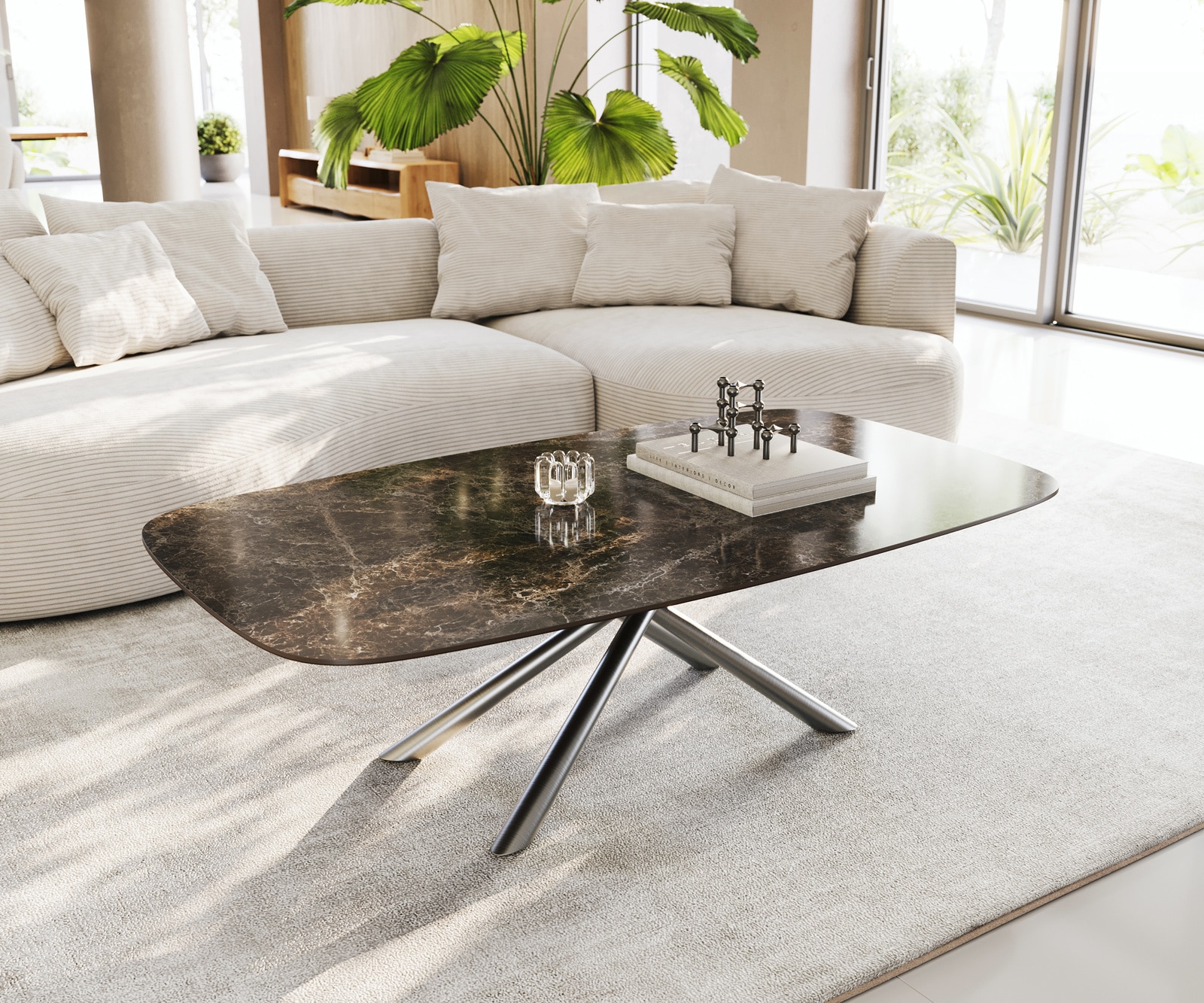 DELIFE Couchtisch Edge Boot 140x80 cm Keramik Laminam Emperador Extra Lucidato Dunkelbraun Sarity Edelstahl gebürstet