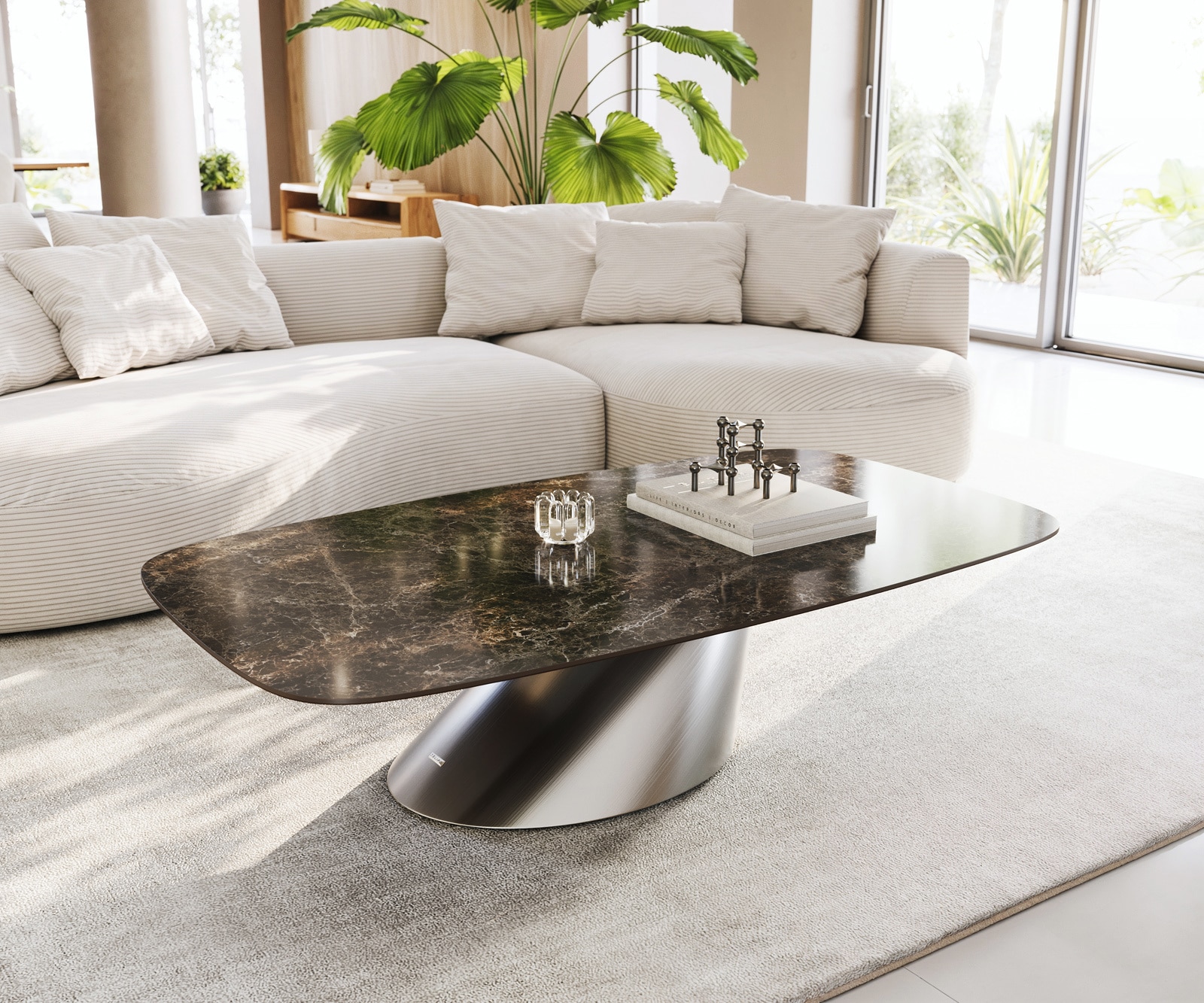 DELIFE Couchtisch Edge Boot 140x80 cm Keramik Laminam Emperador Extra Lucidato Dunkelbraun Conis Edelstahl gebürstet