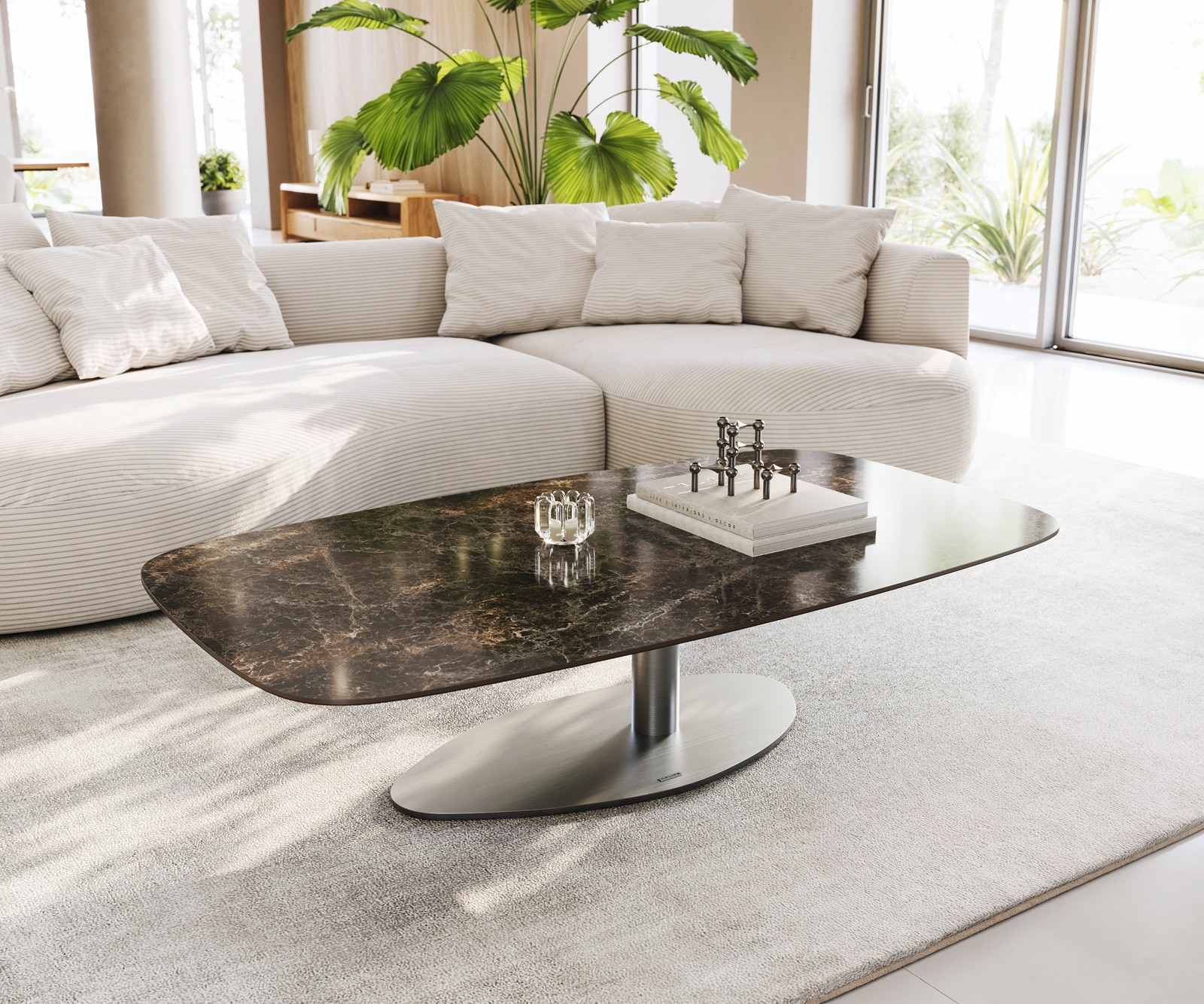 DELIFE Couchtisch Edge Boot 140x80 cm Keramik Laminam Emperador Extra Lucidato Dunkelbraun Vibany Edelstahl gebürstet