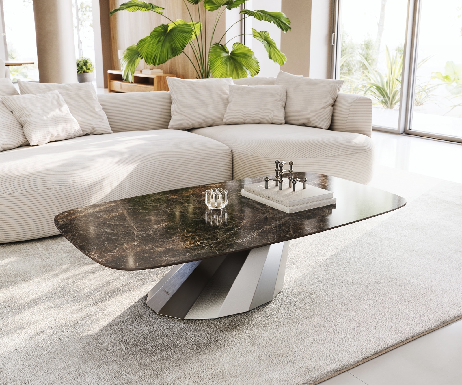 DELIFE Couchtisch Edge Boot 140x80 cm Keramik Laminam Emperador Extra Lucidato Dunkelbraun Parabi Edelstahl gebürstet