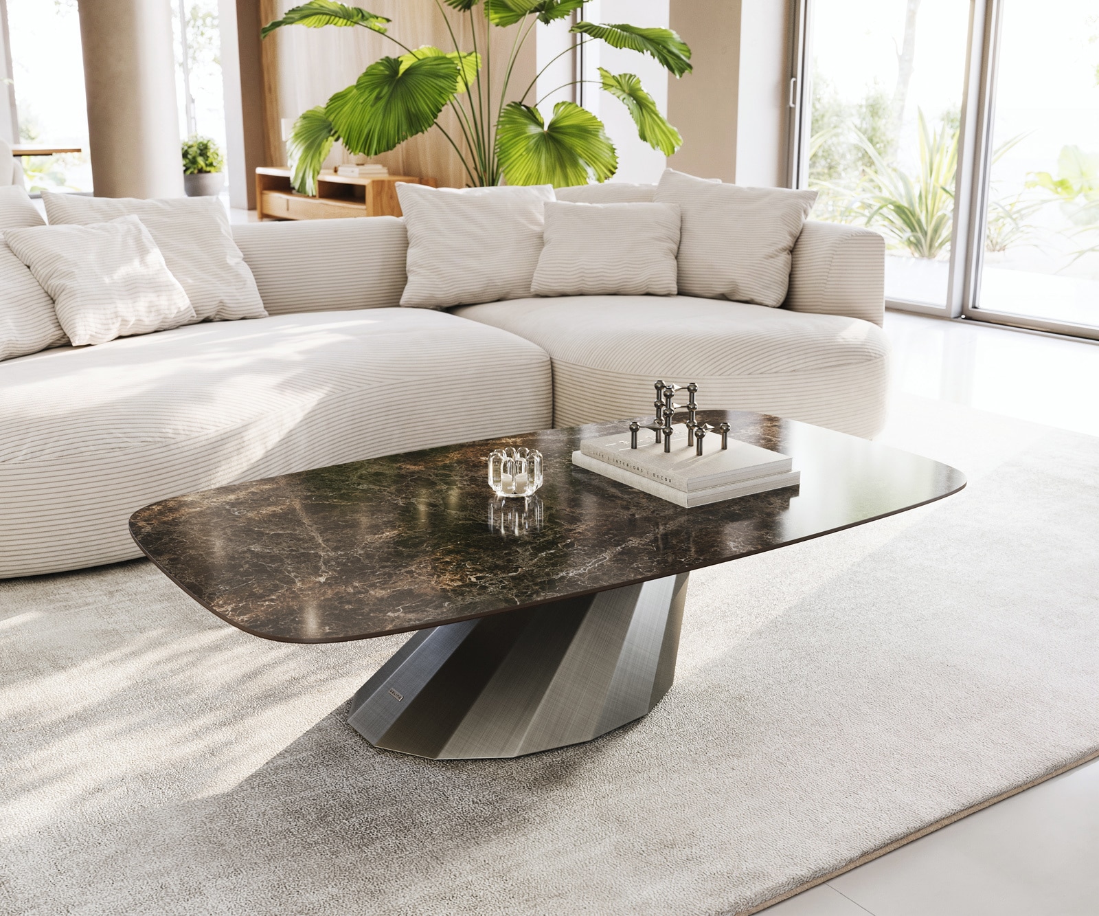 DELIFE Couchtisch Edge Boot 140x80 cm Keramik Laminam Emperador Extra Lucidato Dunkelbraun Parabi Metallic Silber