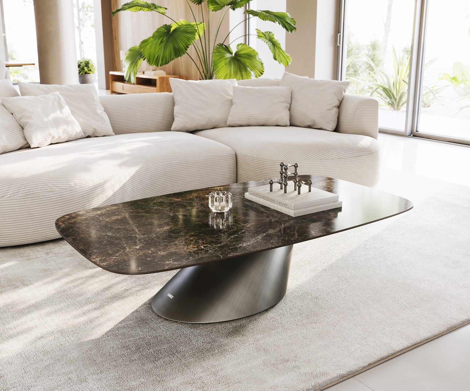 DELIFE Couchtisch Edge Boot 140x80 cm Keramik Laminam Emperador Extra Lucidato Dunkelbraun Conis Metallic Silber