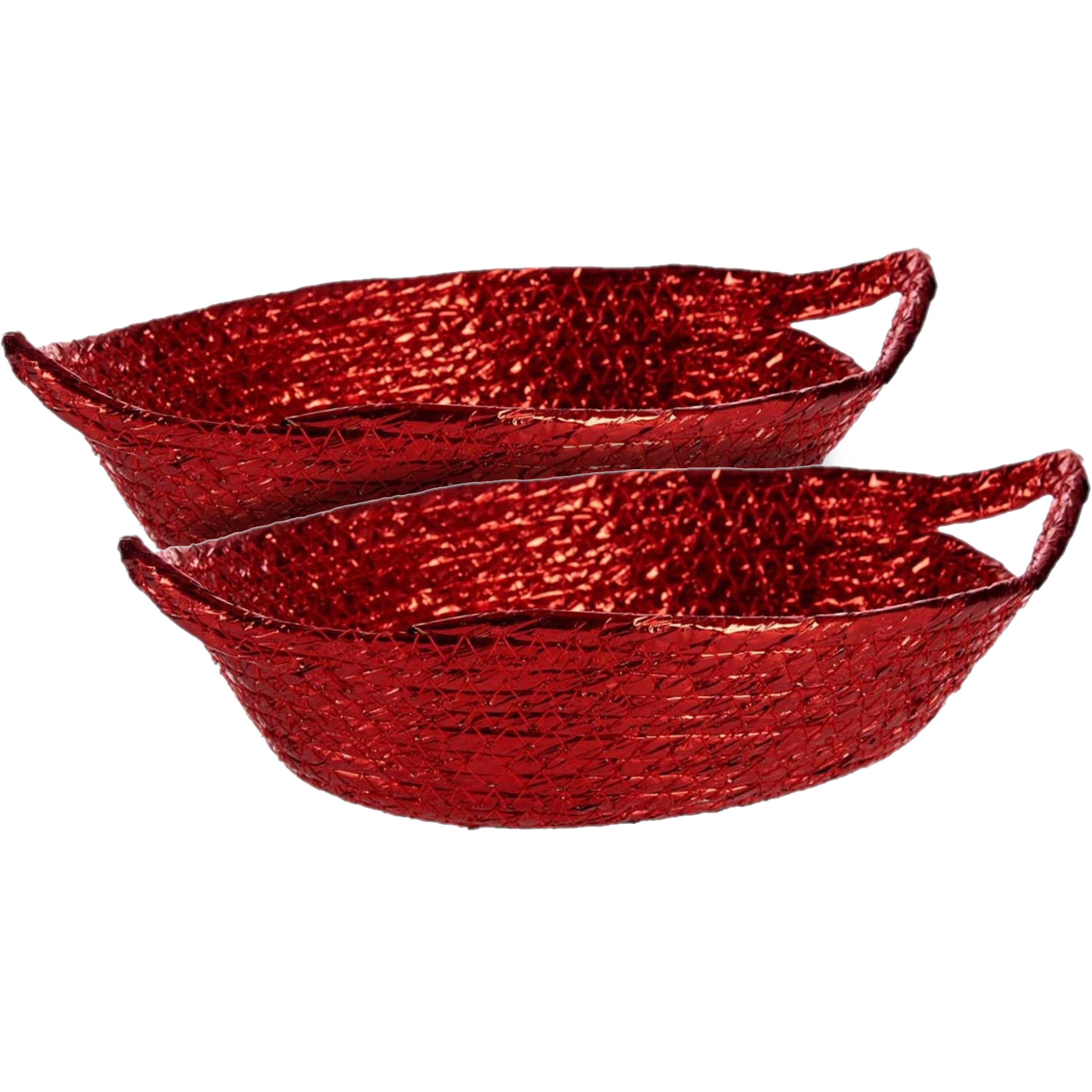 Krist+ broodmandje - 2x stuks - metallic rood - 26 x 22 x 8 cm - zeegras - kerst opbergmandje -