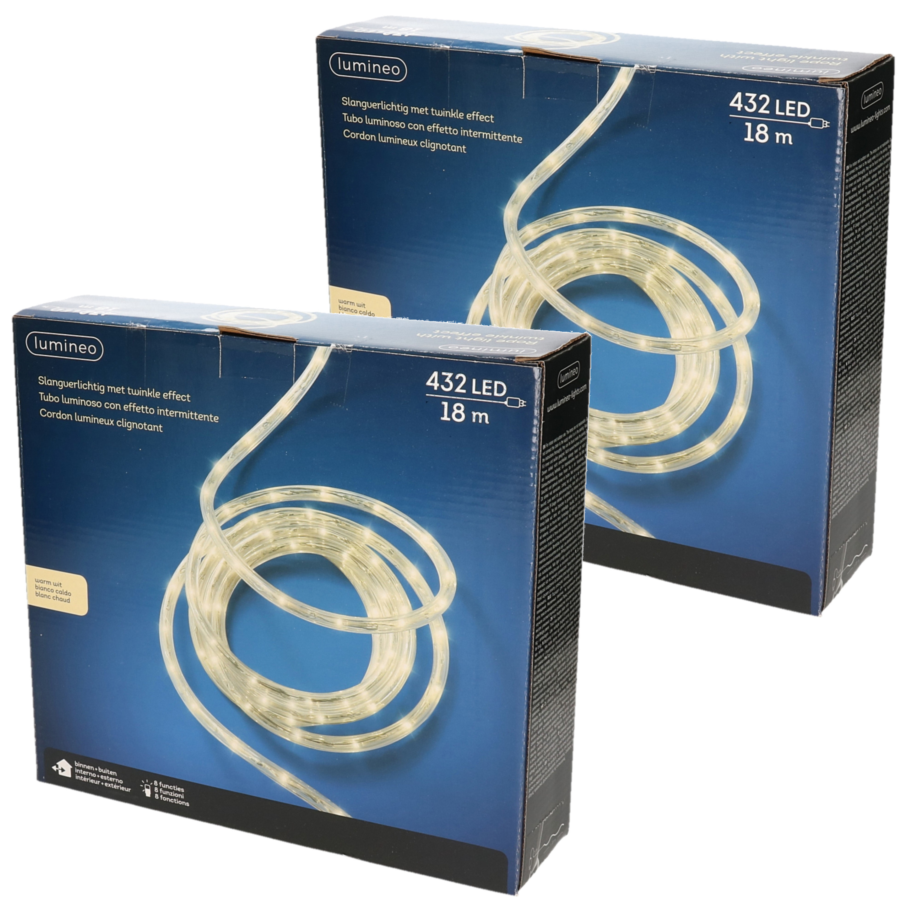 Merkloos Set van 2x stuks lichtslang/slangverlichting warm wit 18 meter met twinkel effect 432 lampjes -