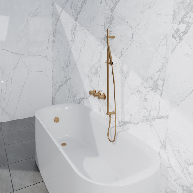 Fortifura Nebbio Badcombinatie-set - thermostaatkraan - inbouwdeel - glijstang - metalen doucheslang - staaf handdouche - badafvoer opbouw - geborsteld messing PVD (goud) SW1183067 SW1111531 SW706206 