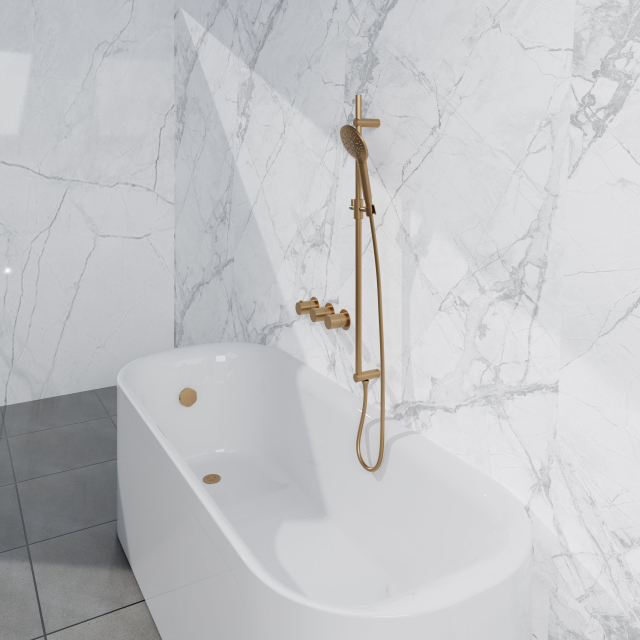 Fortifura Nebbio Badcombinatie-set - thermostaatkraan - inbouwdeel - glijstang - metalen doucheslang - ronde handdouche - badafvoer opbouw - geborsteld messing PVD (goud) SW1183067 SW1111531 SW706206 