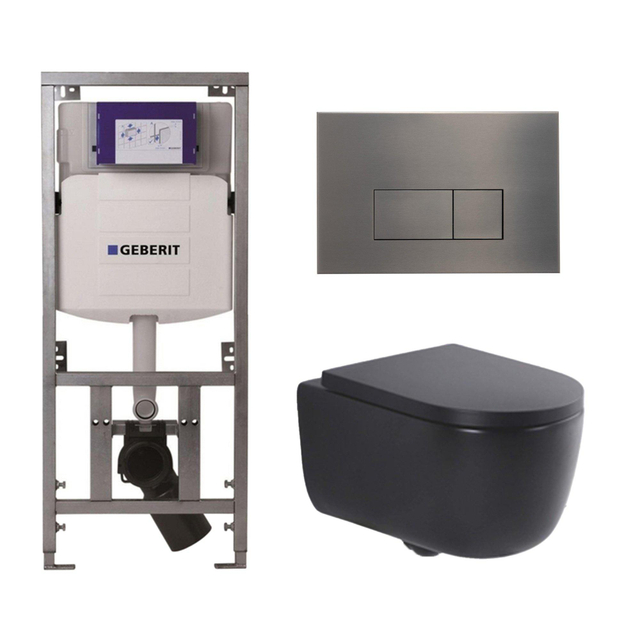 Geberit QeramiQ Dely Swirl Toiletset - 36.3x51.7cm -  UP320 Burda inbouwreservoir - 35mm zitting - gunmetal bedieningsplaat - rechthoekige knoppen - mat zwart 0701131/SW706199/SW1000769/SW1026258