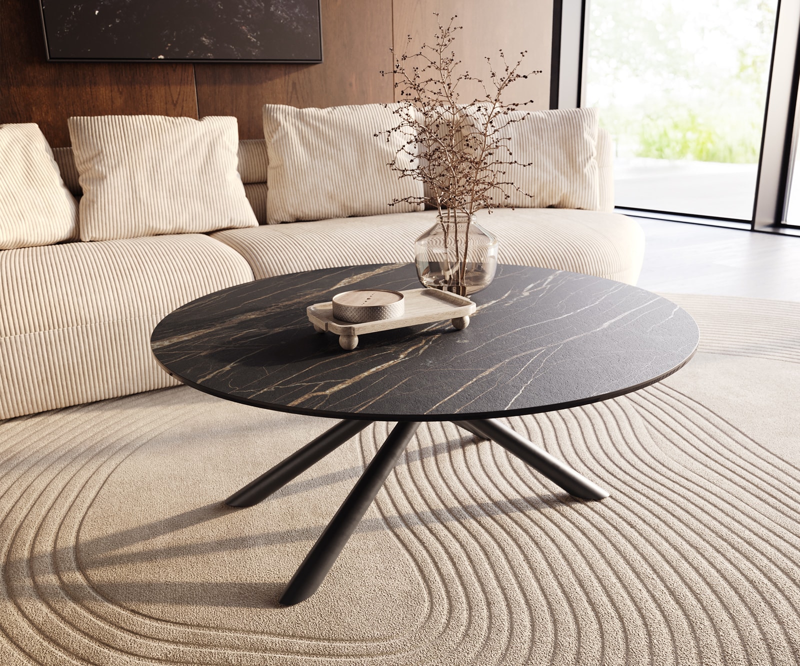 DELIFE Couchtisch Edge Rund 100x100 cm Keramik Laminam Noir Desir Braun Sarity Metall Schwarz
