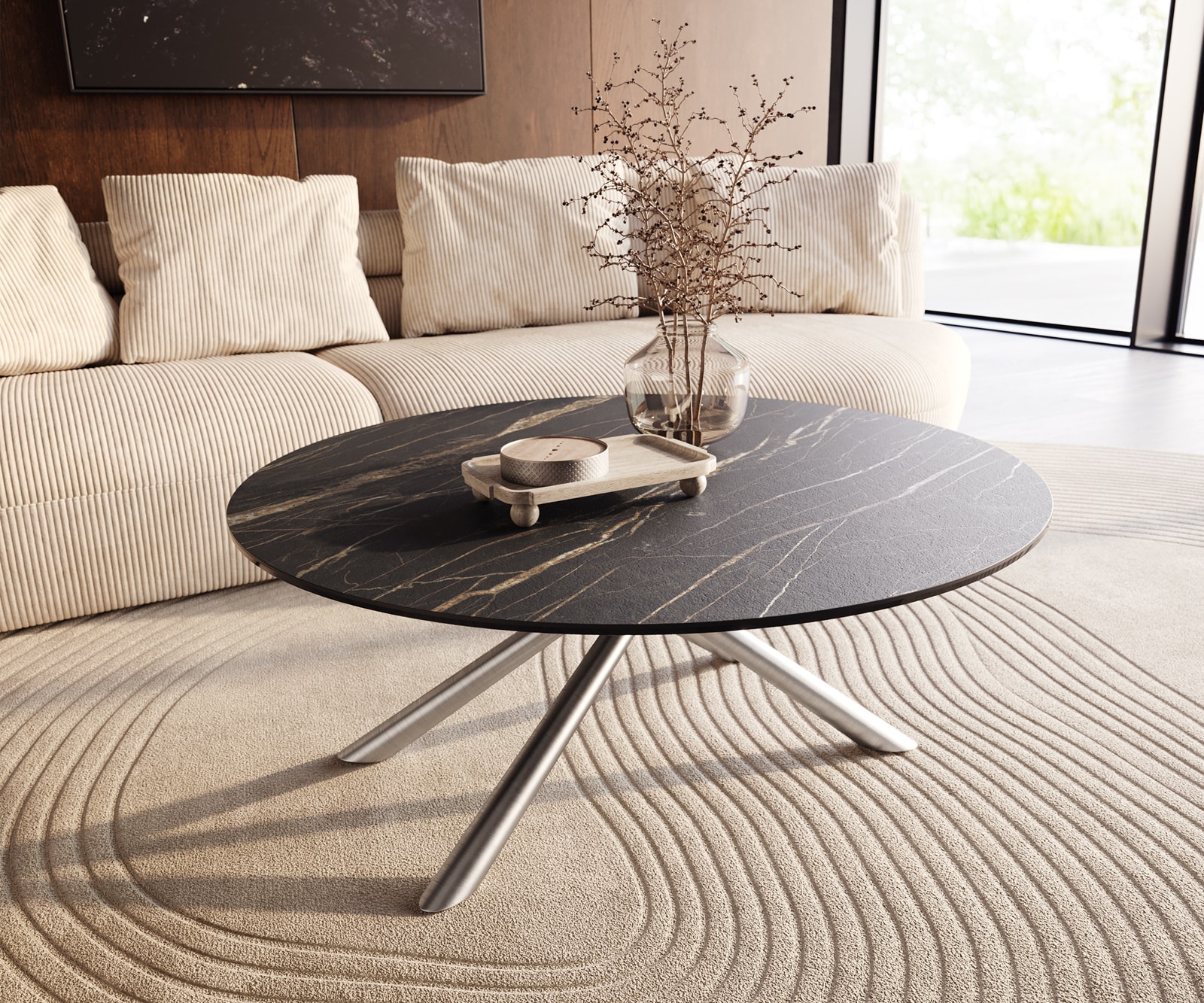 DELIFE Couchtisch Edge Rund 100x100 cm Keramik Laminam Noir Desir Braun Sarity Edelstahl gebürstet