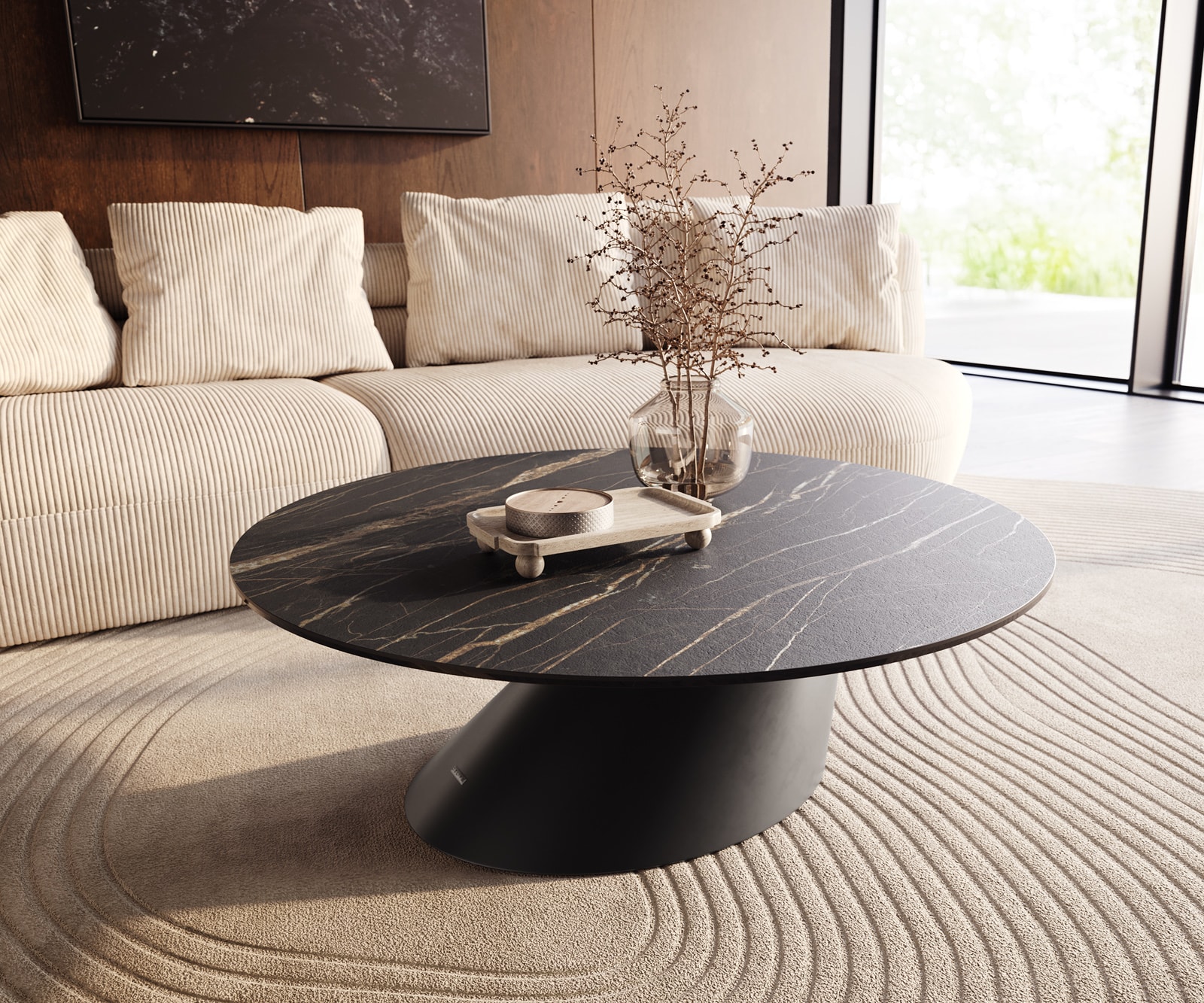 DELIFE Couchtisch Edge Rund 100x100 cm Keramik Laminam Noir Desir Braun Conis Metall Schwarz
