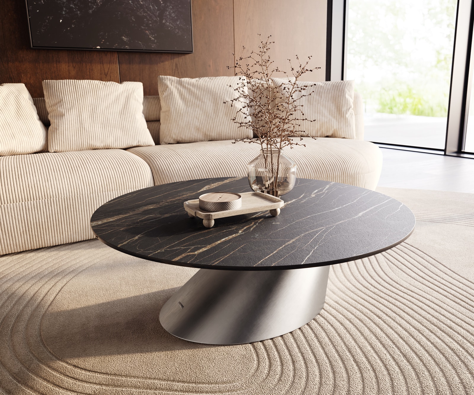 DELIFE Couchtisch Edge Rund 100x100 cm Keramik Laminam Noir Desir Braun Conis Edelstahl gebürstet