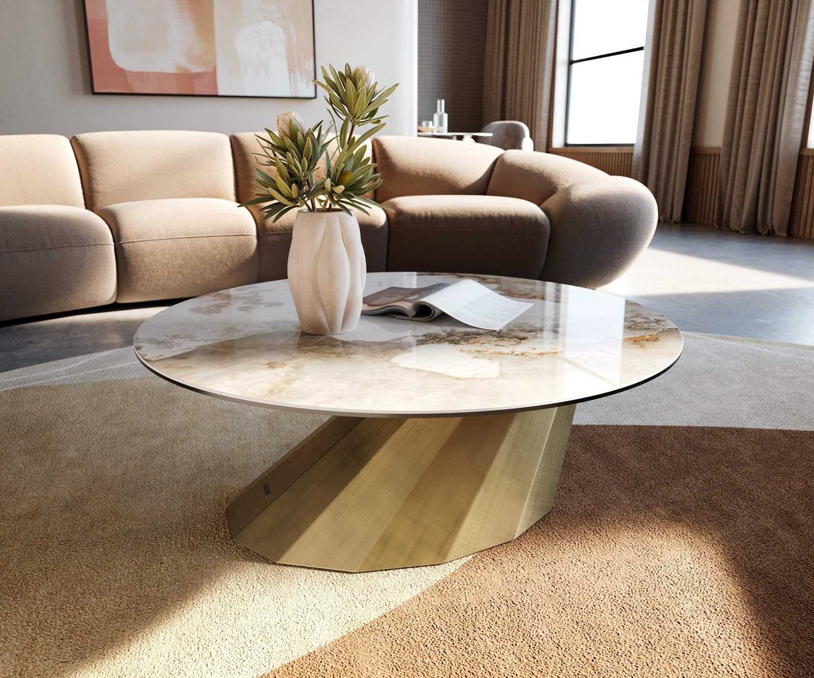 DELIFE Couchtisch Edge Rund 90x90 cm Keramik Minas Melange Parabi Metallic Gold