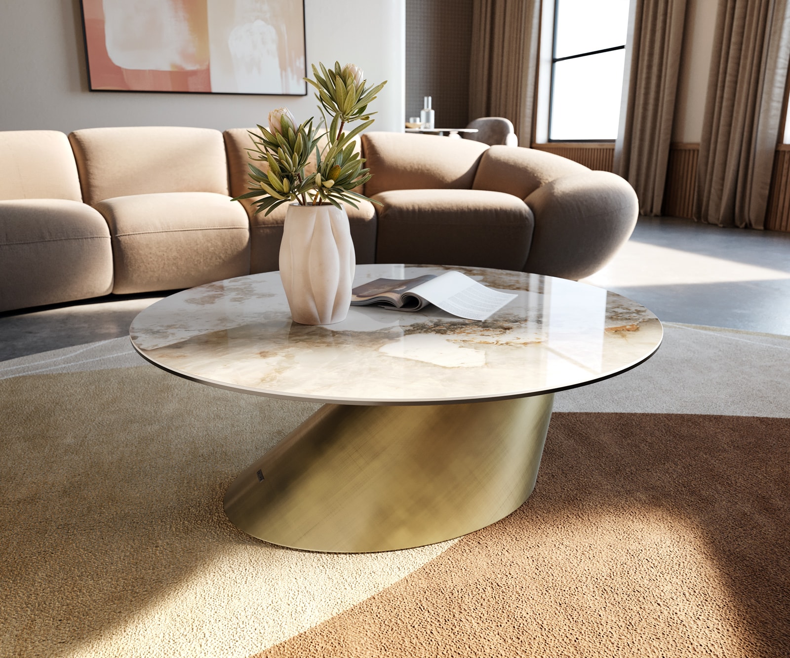 DELIFE Couchtisch Edge Rund 90x90 cm Keramik Minas Melange Conis Metallic Gold
