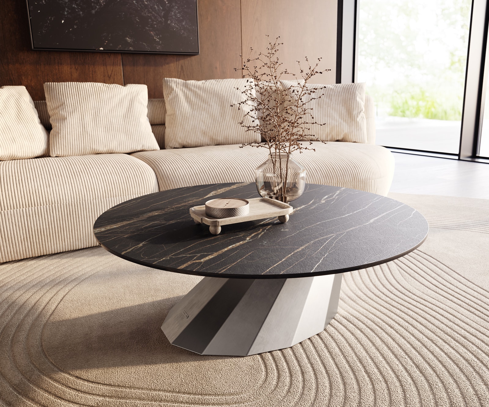 DELIFE Couchtisch Edge Rund 100x100 cm Keramik Laminam Noir Desir Braun Parabi Edelstahl gebürstet