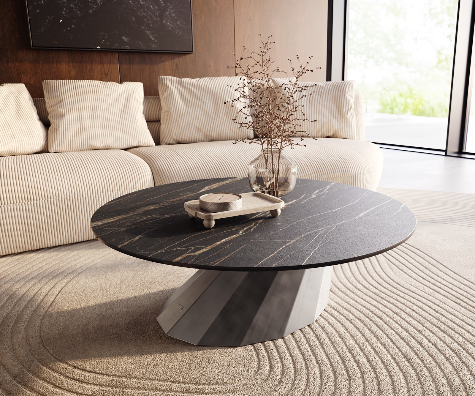 DELIFE Couchtisch Edge Rund 100x100 cm Keramik Laminam Noir Desir Braun Parabi Metallic Silber