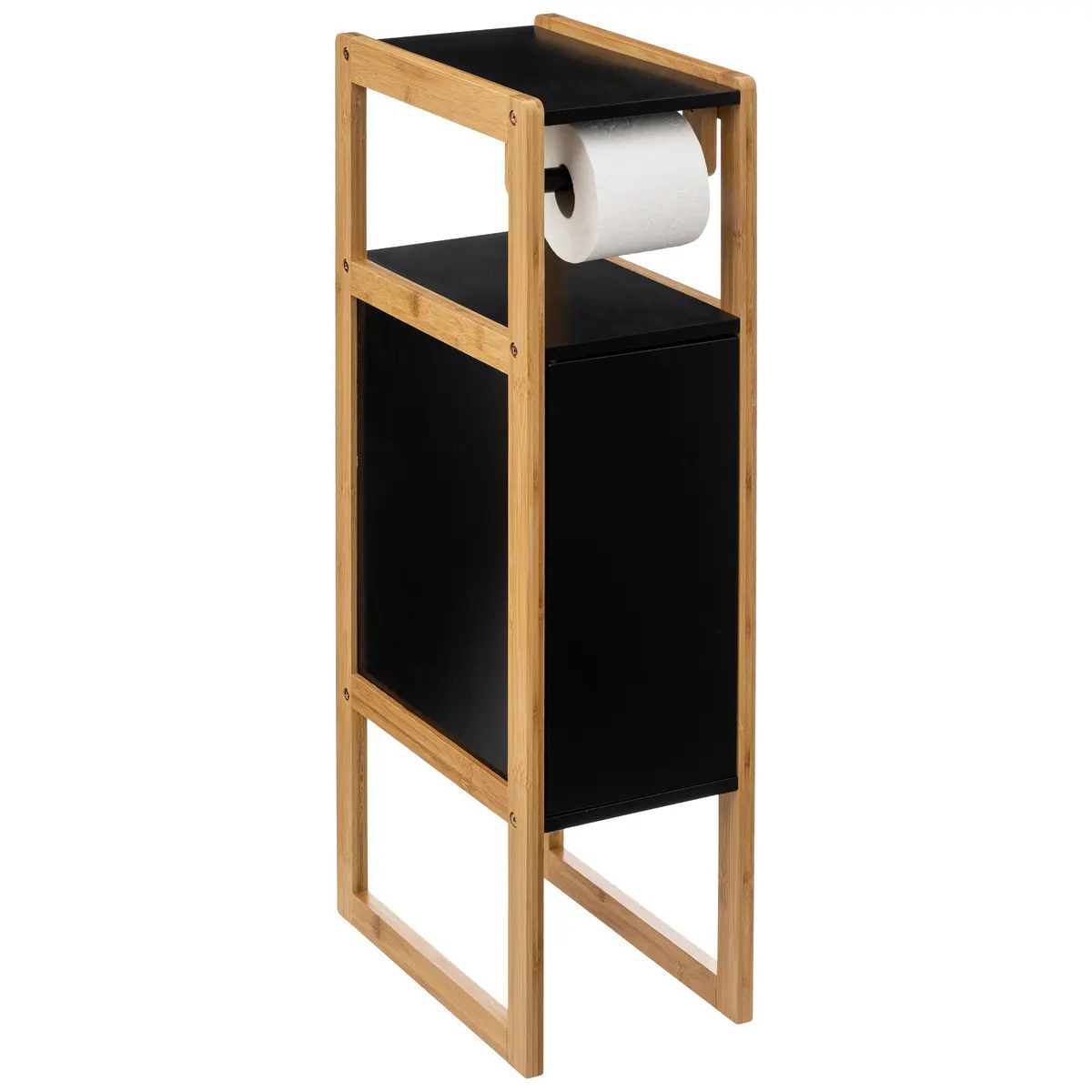 5five Wc/toiletrolhouder met kastje - zwart - bamboe hout - staand - 33 x 20 x 80 cm -