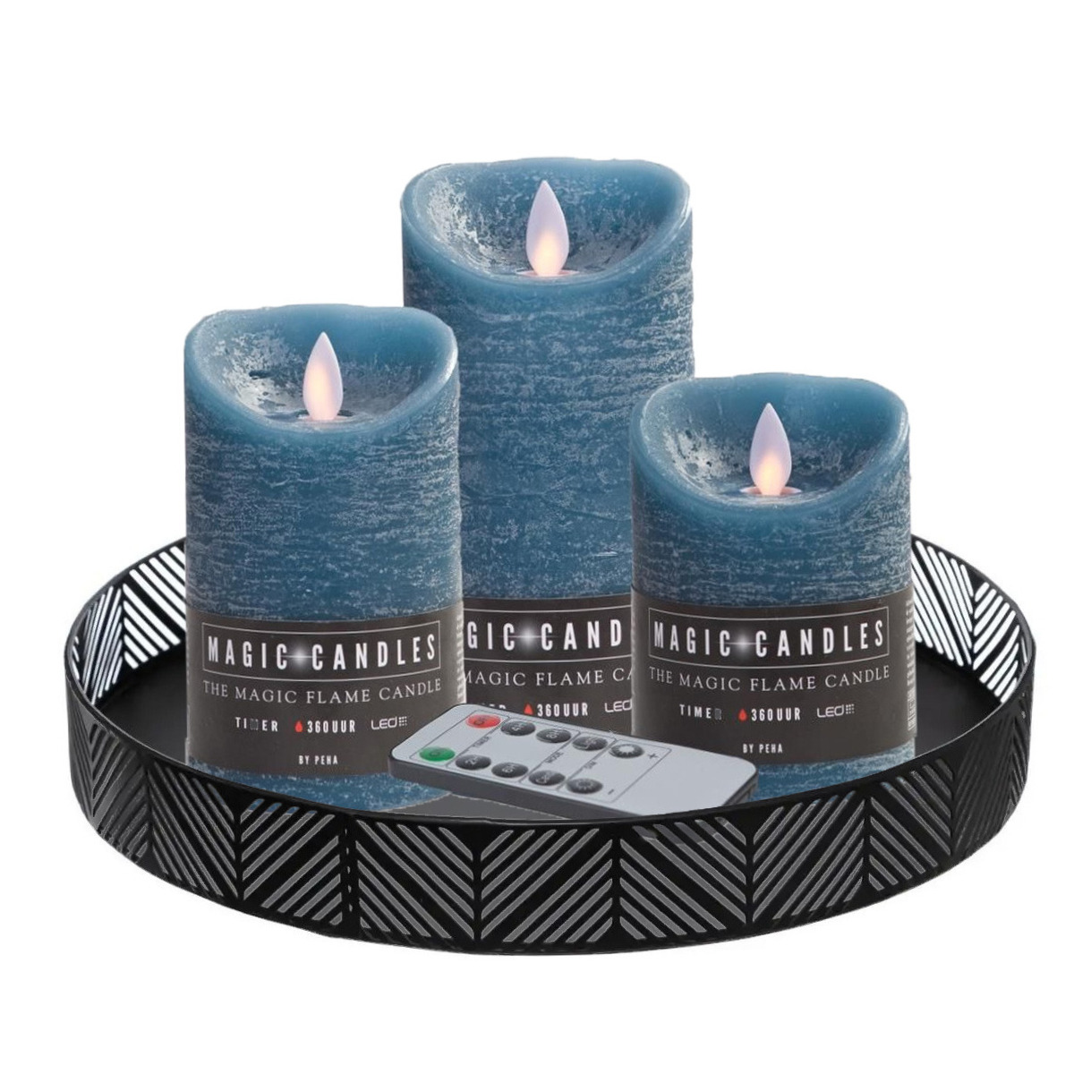Merkloos Anna Collection LED kaarsen - 3x stuks - blauw - met rond dienblad - kaarsenbord - D29 cm -