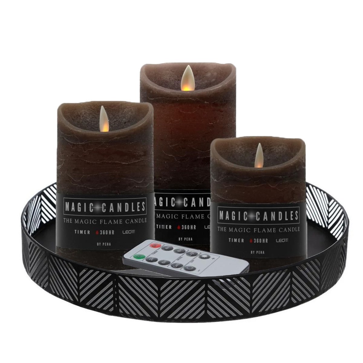 Merkloos Anna Collection LED kaarsen - 3x stuks - bruin - met rond dienblad - kaarsenbord - D29 cm -