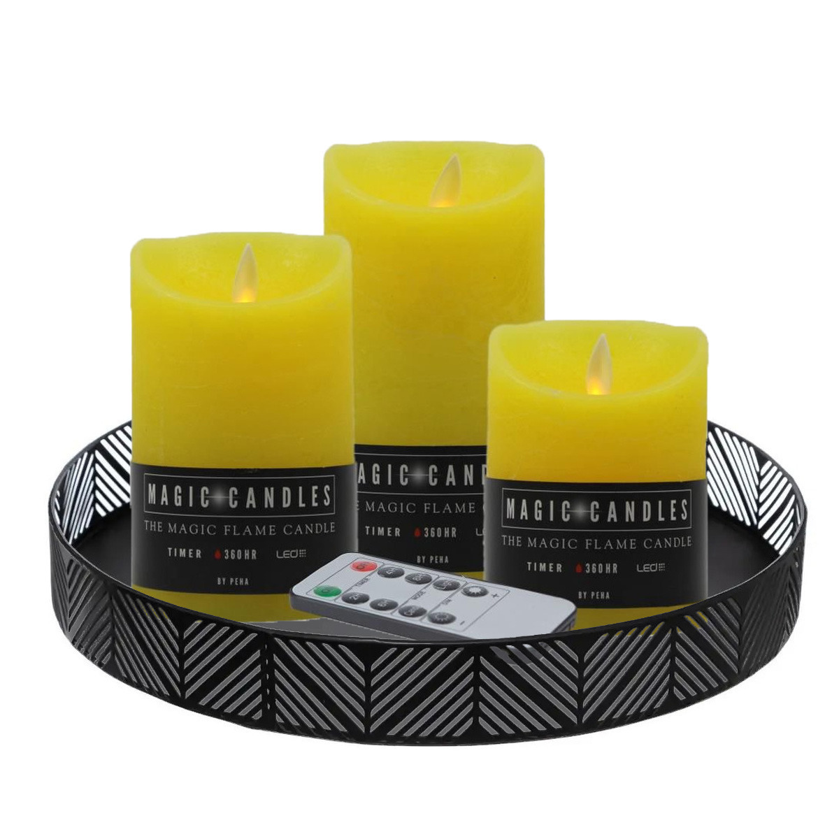 Merkloos Anna Collection LED kaarsen - 3x stuks - geel - met rond dienblad - kaarsenbord - D29 cm -
