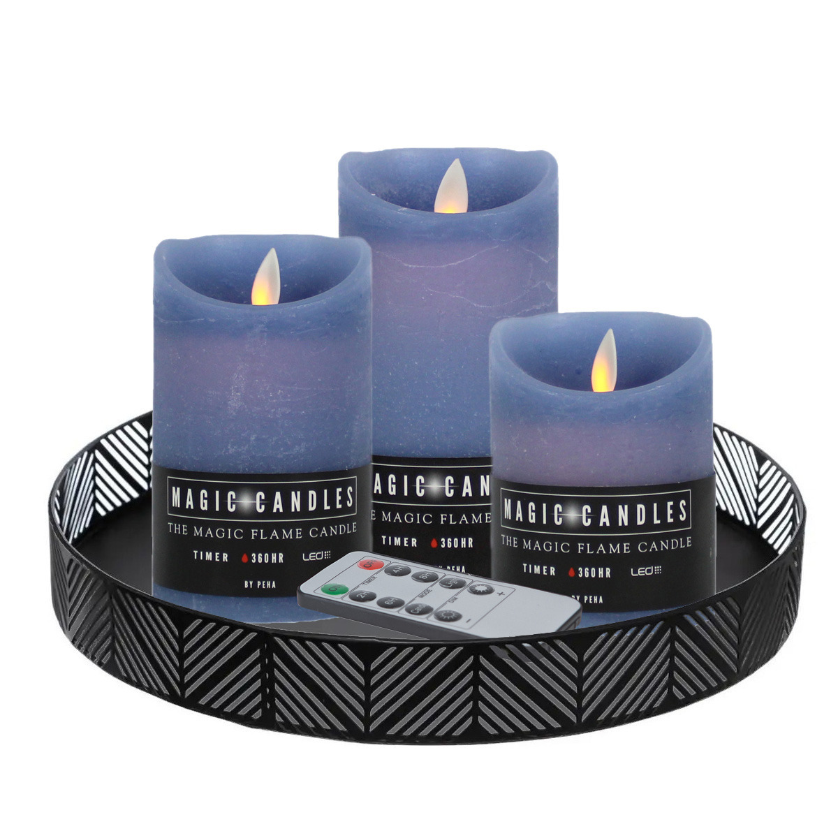 Merkloos Anna Collection LED kaarsen - 3x stuks - ijsblauw - met rond dienblad - kaarsenbord - D29 cm -