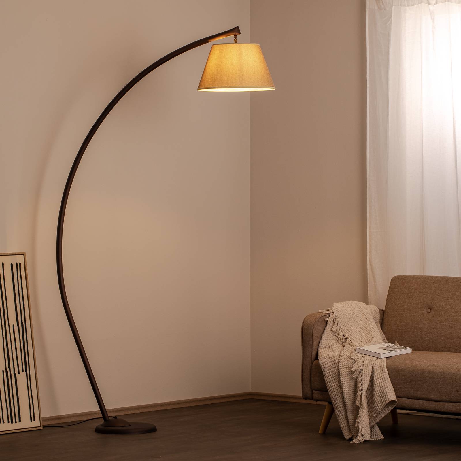ONLI Vloerlamp Sinea, bruin/zandkleurig, hoogte 110 cm, ijzer, textiel