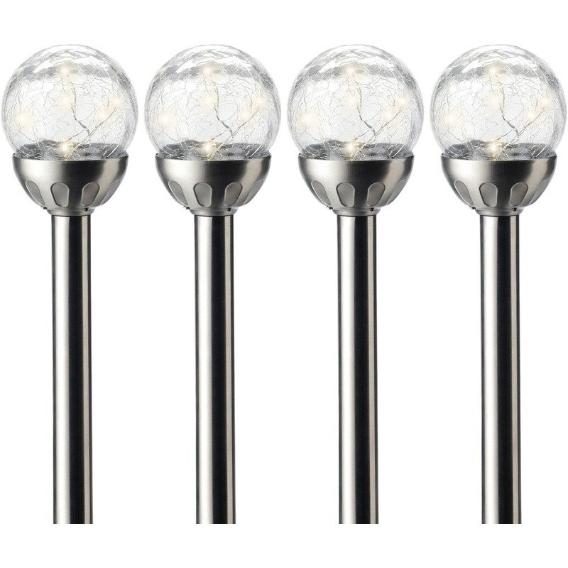 Lumineo 4x Buiten/tuin LED RVS bol stekers Navi solar verlichting 30 cm -