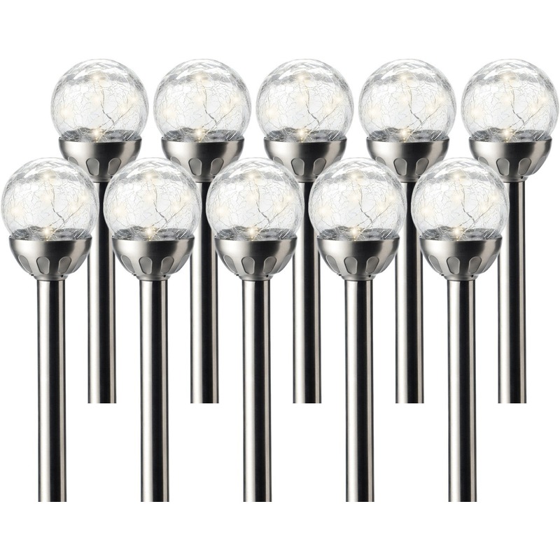 Lumineo 10x Buiten/tuin LED RVS bol stekers Navi solar verlichting 30 cm -