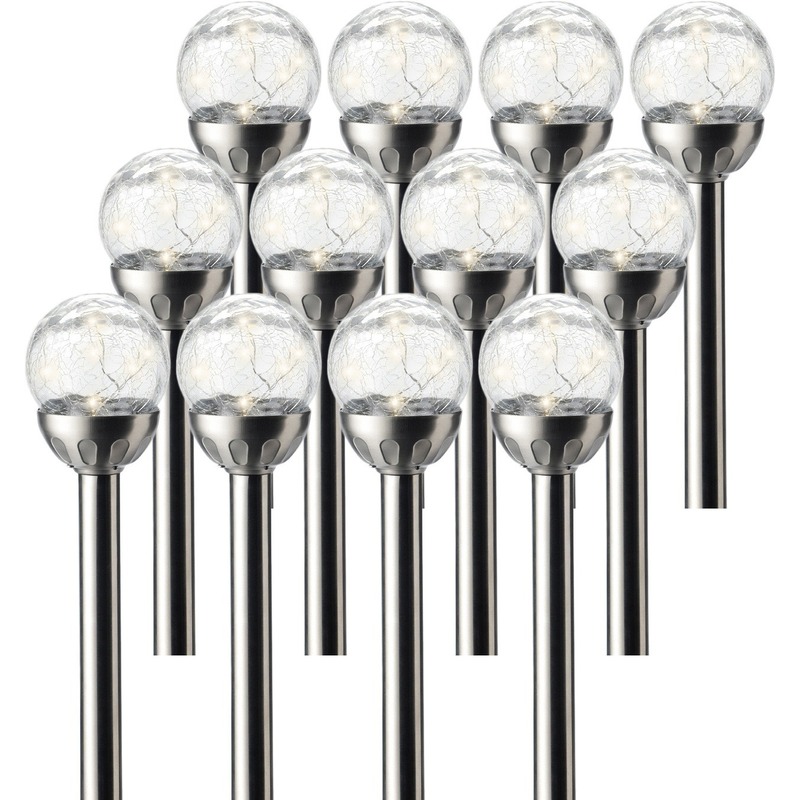 Lumineo 12x Buiten/tuin LED RVS bol stekers Navi solar verlichting 30 cm -