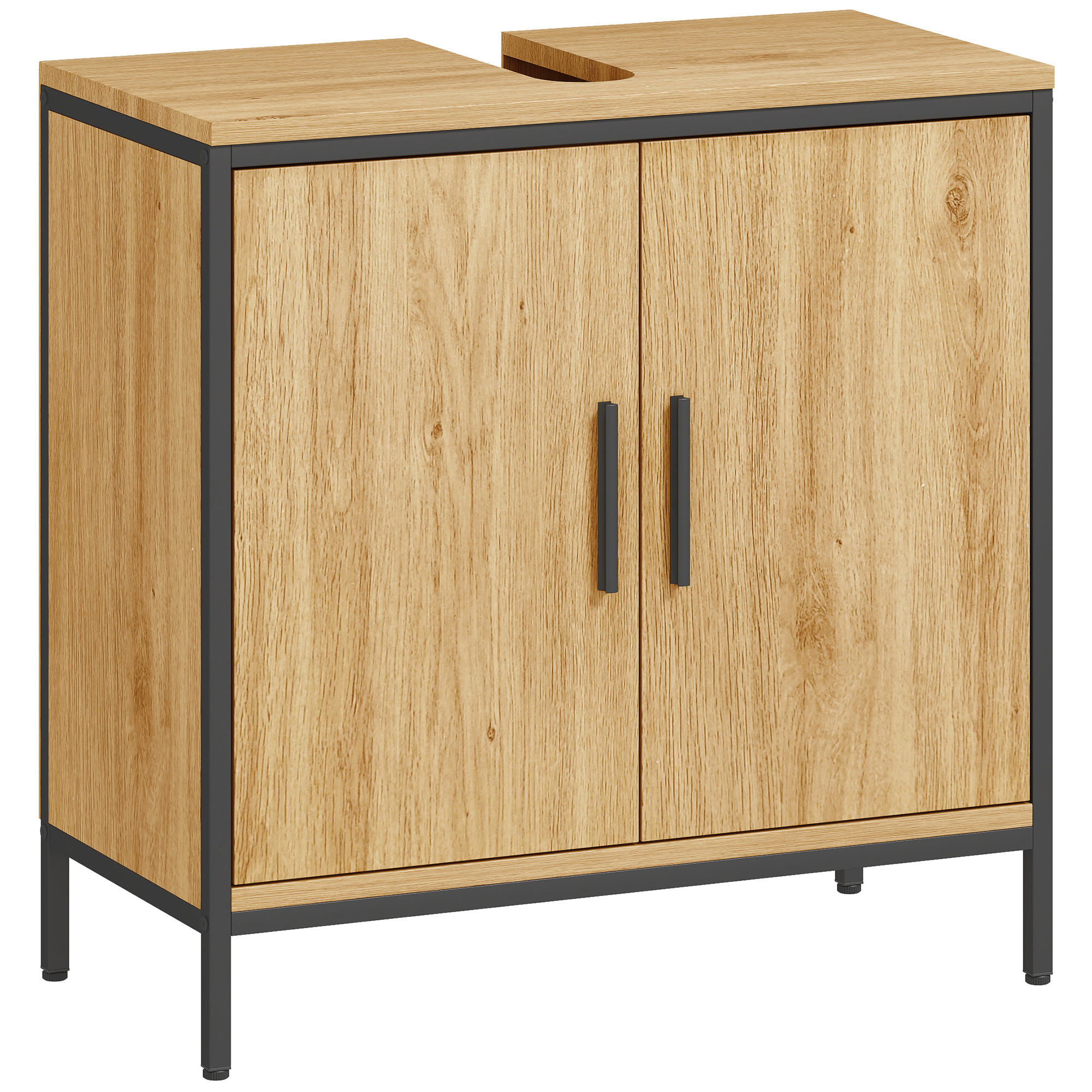 HOMCOM Wastafelonderkast, onderkast met 2 deuren, verstelbare plank, 60x30x60 cm badkamerkast met stalen frame, voor wastafels zonder zuil, eiken