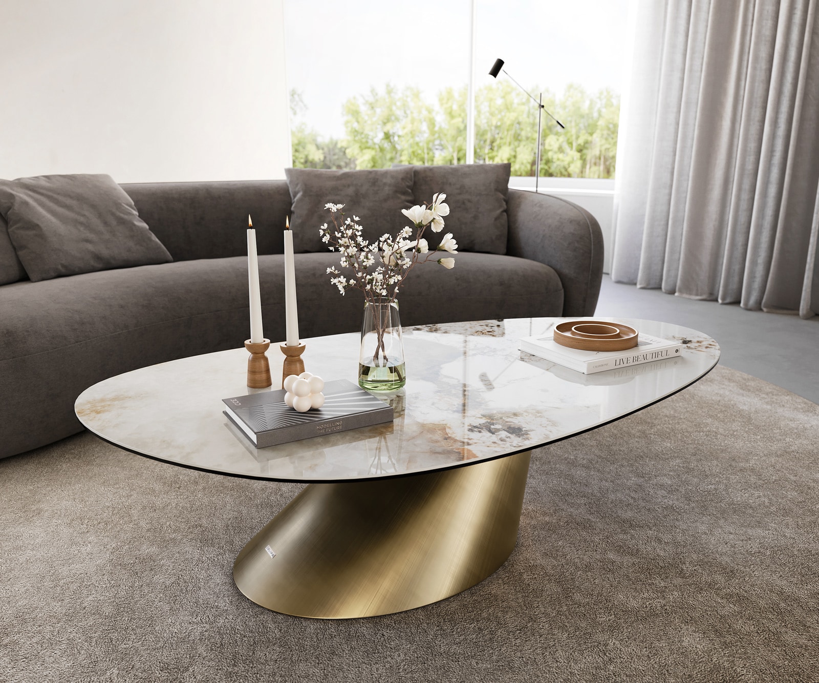 DELIFE Couchtisch Edge Oval 140x75 cm Keramik Minas Melange Conis Metallic Gold