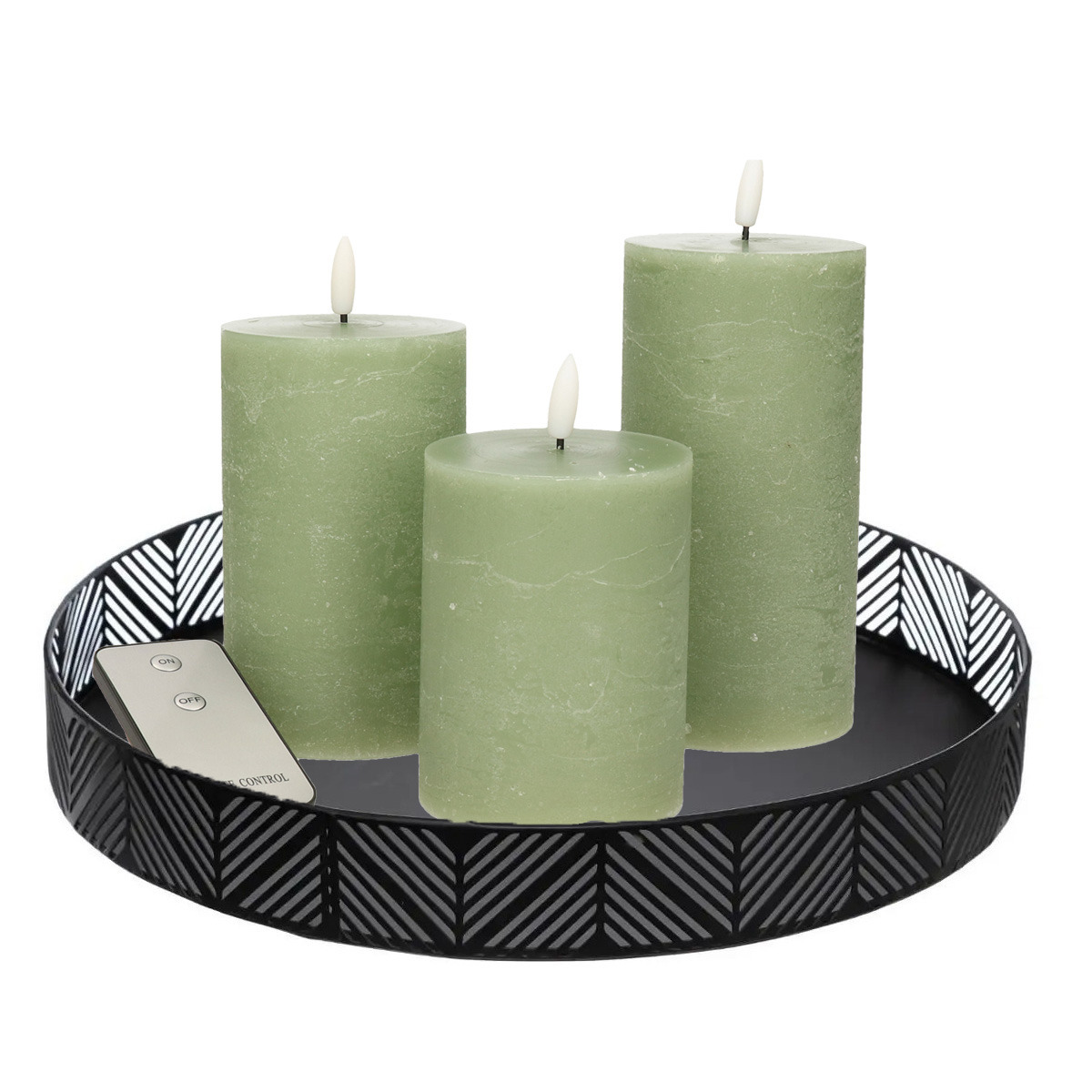Anna's Collection Anna Collection LED kaarsen - 3x stuks - jade groen - met rond dienblad - kaarsenbord - D29 cm -