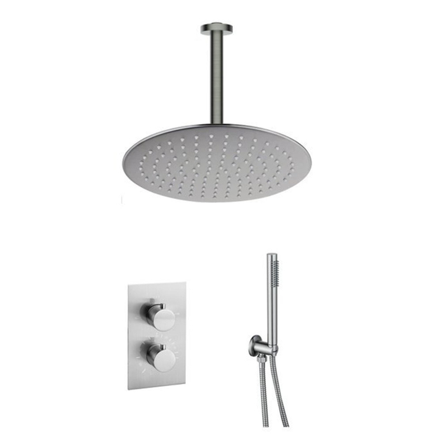 Fortifura Calvi Inbouw Regendoucheset - thermostatisch - plafondarm - 25cm hoofddouche - staaf handdouche - gladde doucheslang - Geborsteld RVS PVD (RVS) SW1159493 SW377868 SW720554 SW542645 SW728177 