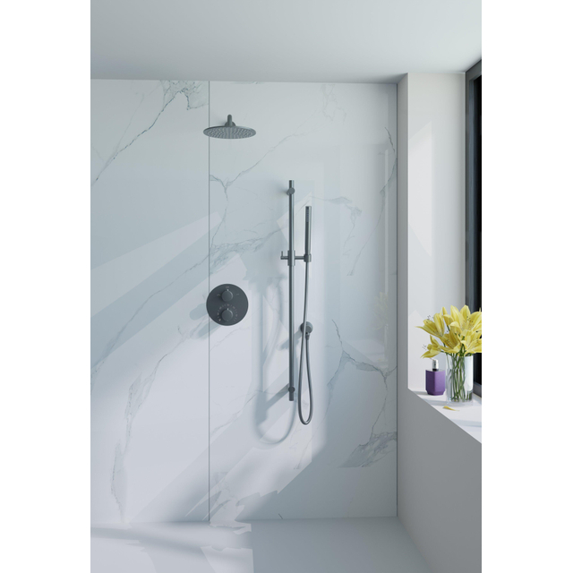 Fortifura Calvi Inbouw Regendoucheset - rond - thermostatisch - wandarm - glijstang - 25cm hoofddouche - staaf handdouche - gladde doucheslang - Geborsteld Gunmetal PVD SW720563/SW720556/SW1159495/SW7