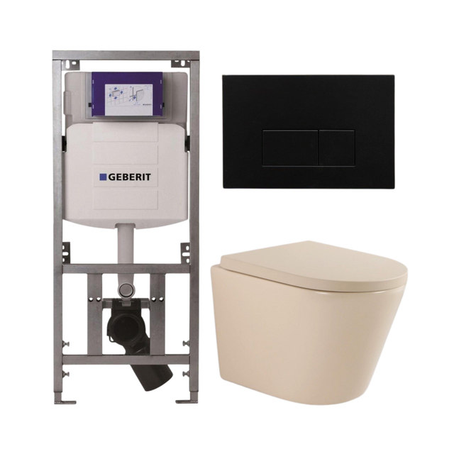 Geberit QeramiQ Dely Toiletset - 36.3x51.7cm - diepspoel - rimless -  UP320 inbouwreservoir - softclose toilet zitting 35 mm - kunstof mat zwarte bedieningsplaat - rechthoekige knoppen - mat beige SW10