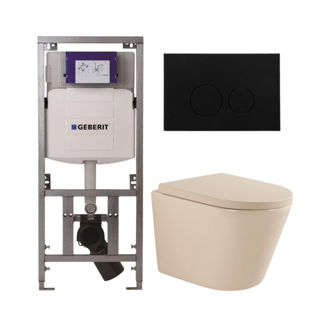 Geberit QeramiQ Dely Toiletset - 36.3x51.7cm - diepspoel - rimless -  UP320 inbouwreservoir - softclose toilet zitting 35 mm - kunststof mat zwarte bedieningsplaat - ronde knoppen - mat beige SW1000764