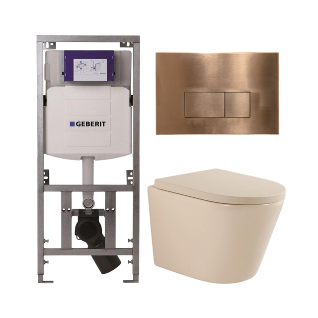 Geberit QeramiQ Dely Toiletset - 36.3x51.7cm - diepspoel - rimless -  UP320 inbouwreservoir - softclose toilet zitting 35 mm - koperen bedieningsplaat - rechthoekige knoppen - mat beige SW1000764/SW100